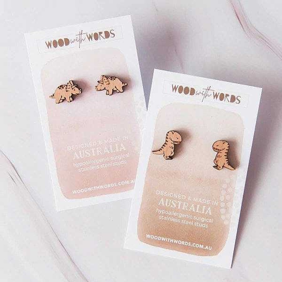 Jewellery Wood With Words | Wood With Words: Wooden Stud Earrings T-Rex