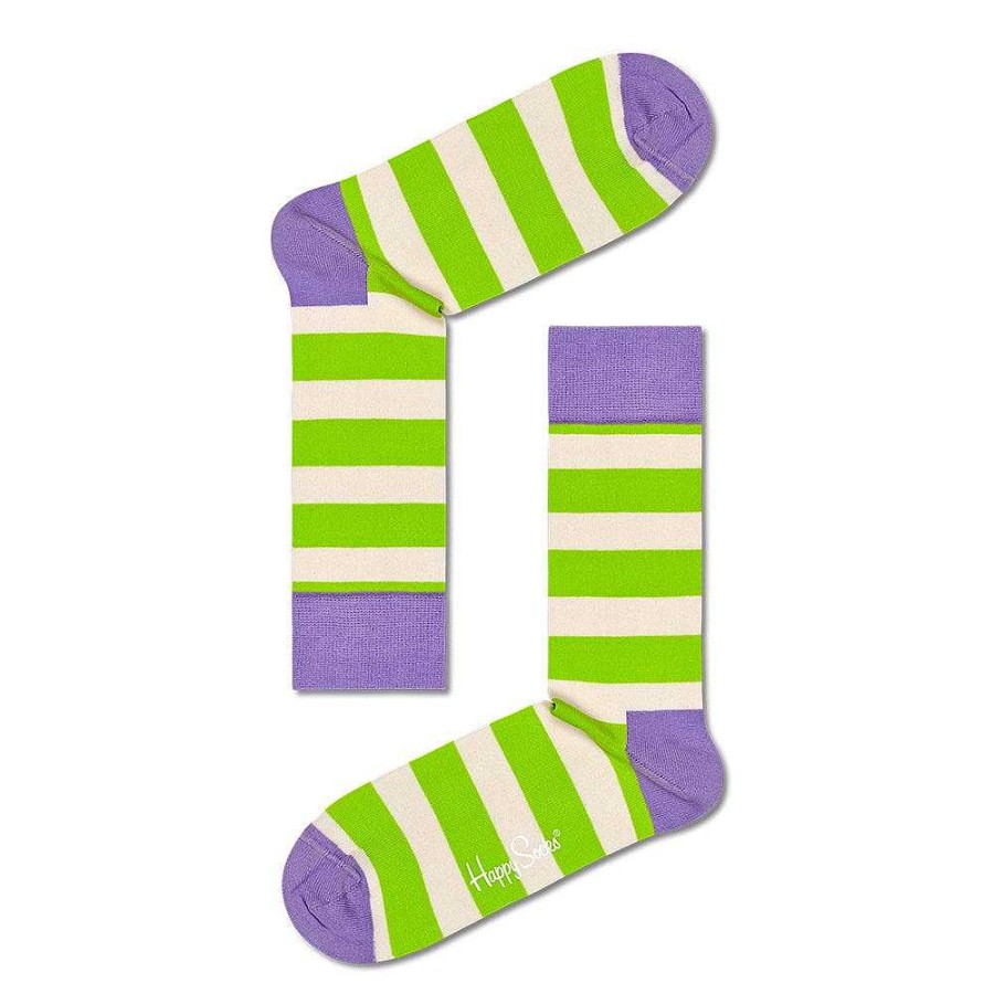 Fashion Happy Socks Socks | Happy Socks: Stripe Neon Green Purple White