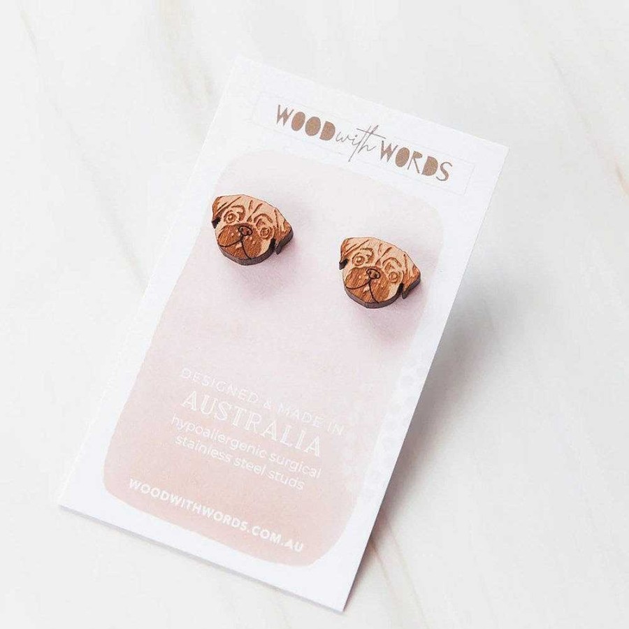 Jewellery Wood With Words | Wood With Words: Wooden Stud Earrings Pug