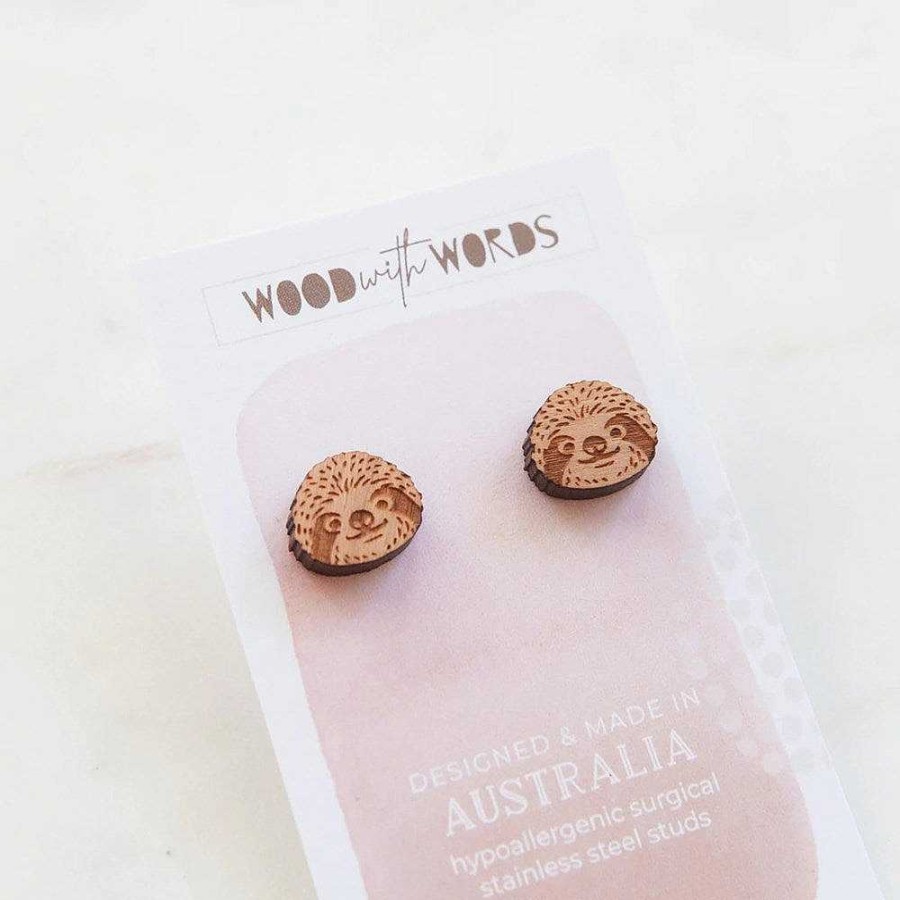 Jewellery Wood With Words | Wood With Words: Wooden Stud Earrings Sloth