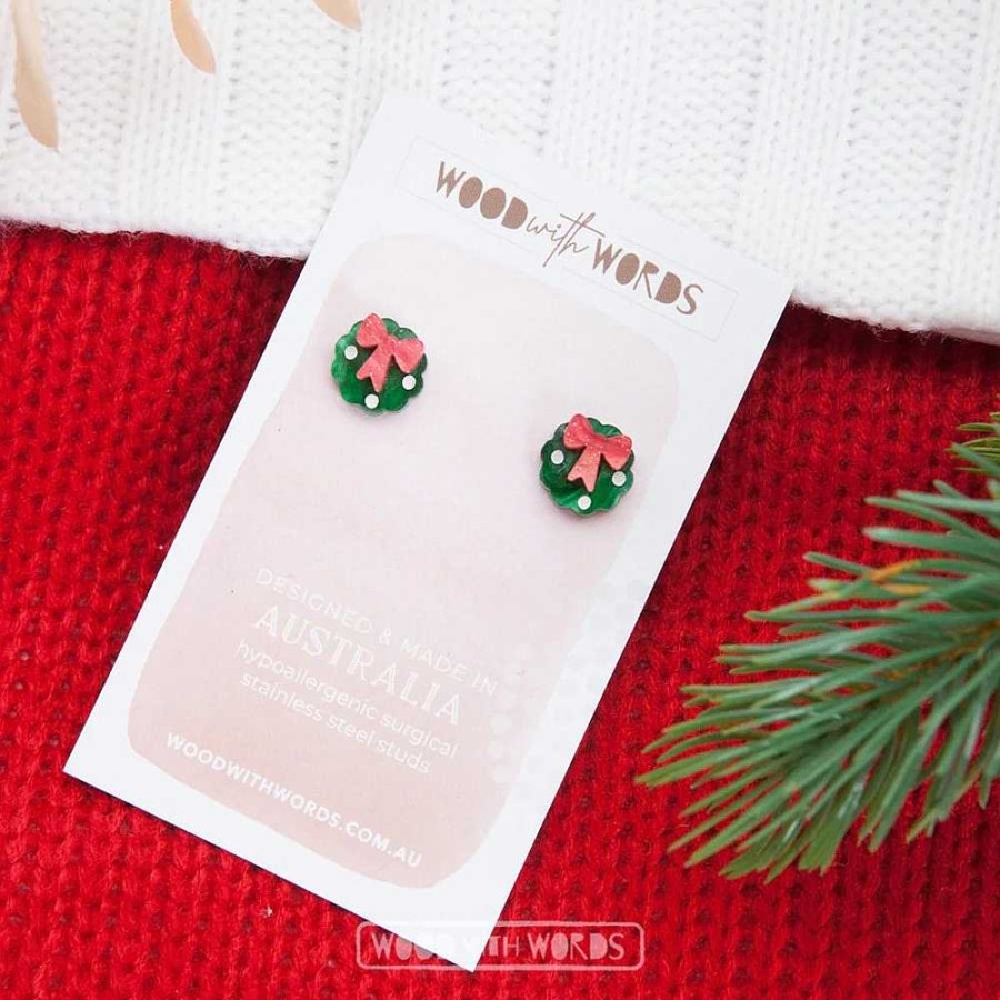 Jewellery Wood With Words | Wood With Words: Acrylic Stud Earrings Green Wreath With Bow