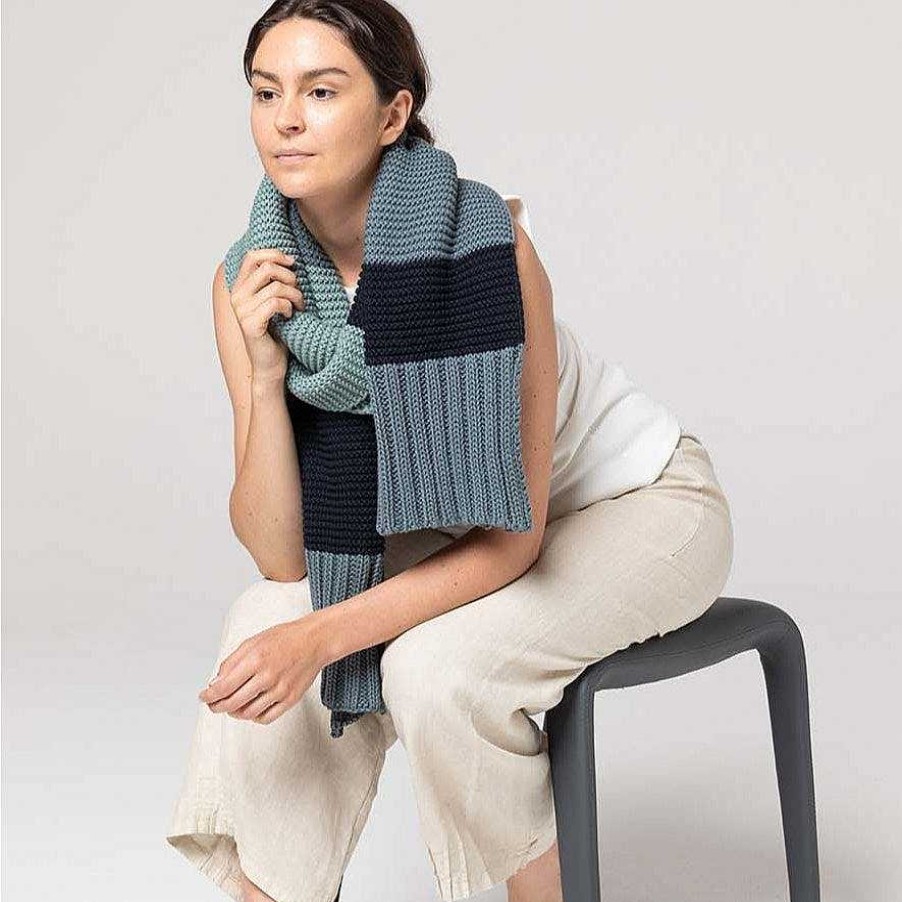 Fashion Indus Design Scarves | Indus Design: Scarf Bold Stripe Knit Indigo Denim Ocean