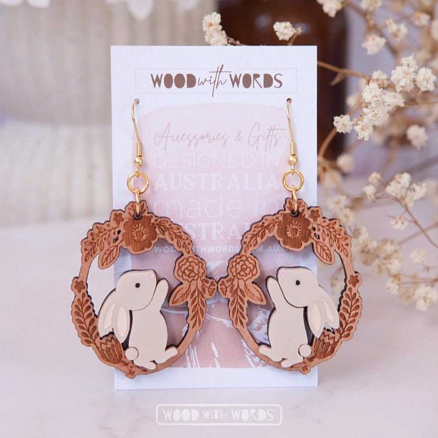 Jewellery Wood With Words | Wood With Words: Dangle Earrings Rabbit Floral Wreath