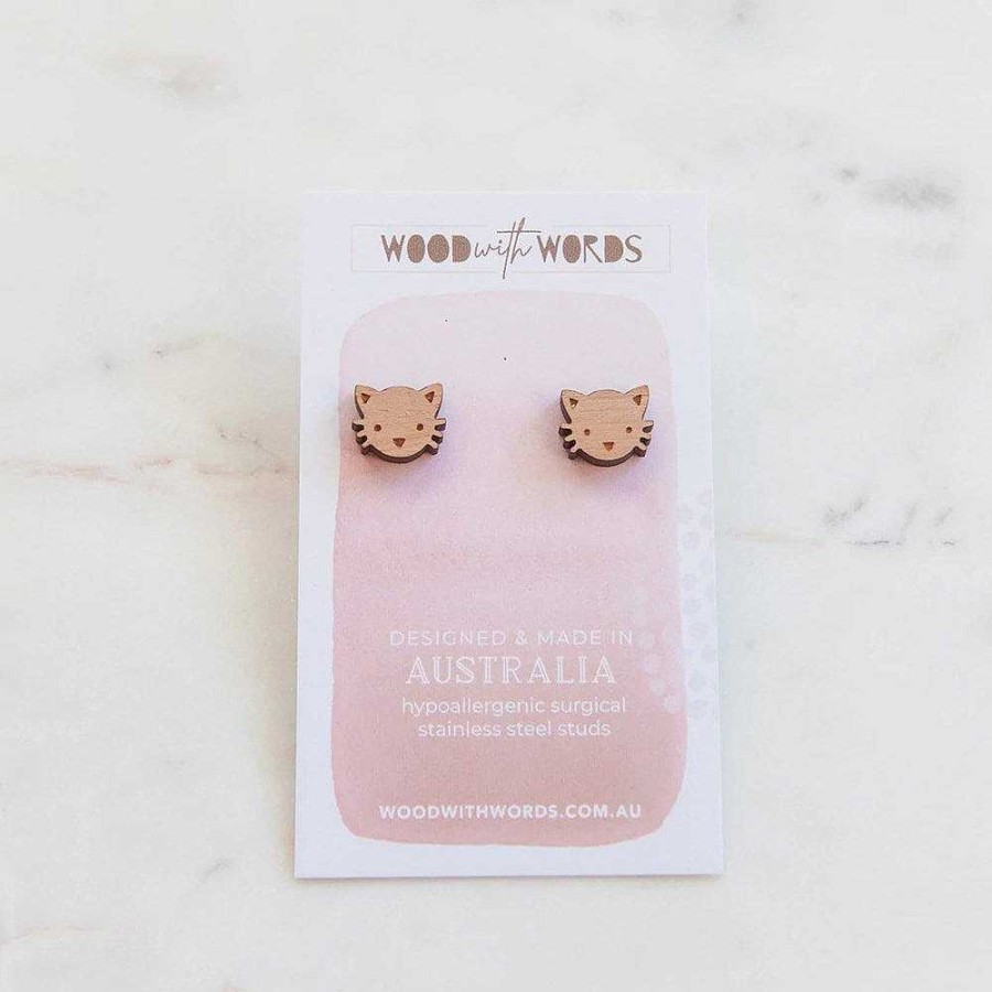 Jewellery Wood With Words | Wood With Words: Wooden Stud Earrings Cat Pet