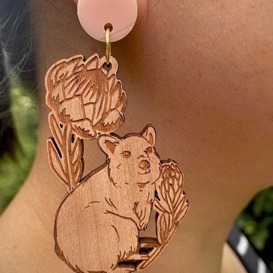 Jewellery Wood With Words | Wood With Words: Dangle Earrings Quokka Protea