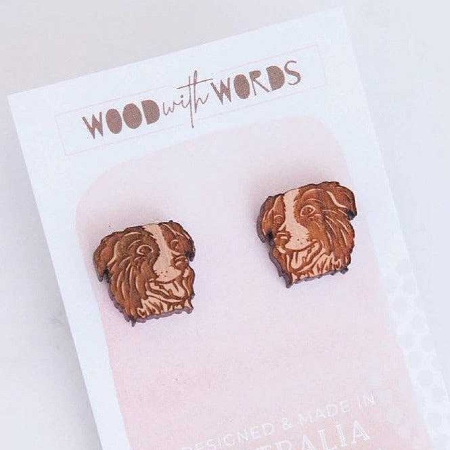 Jewellery Wood With Words | Wood With Words: Wooden Stud Earrings Border Collie