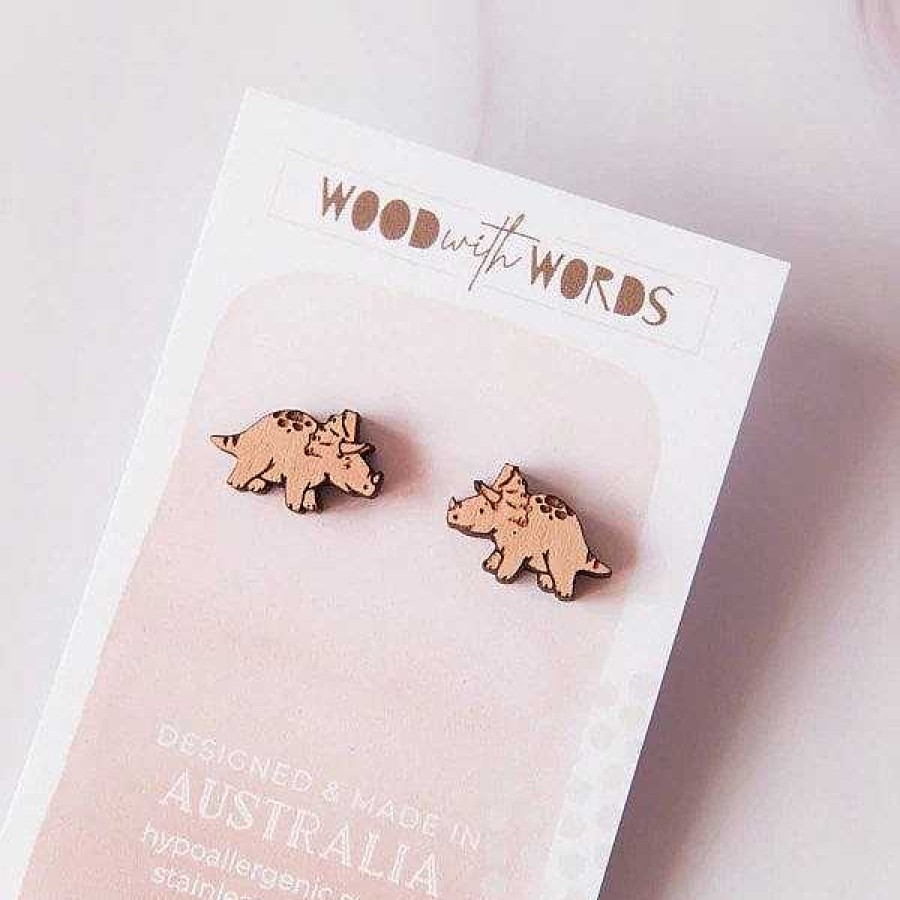 Jewellery Wood With Words | Wood With Words: Wooden Stud Earrings Triceratops