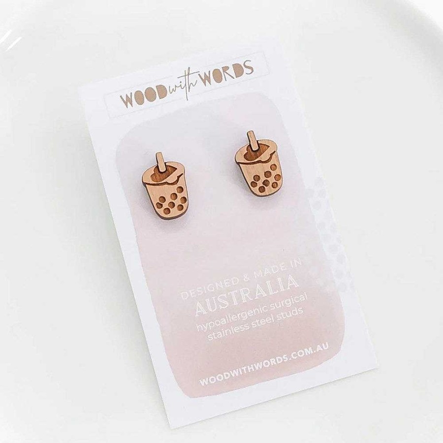 Jewellery Wood With Words | Wood With Words: Wooden Stud Earrings Bubble Tea