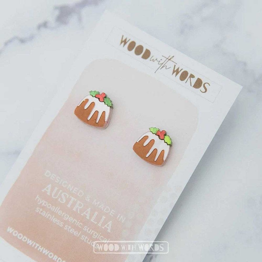 Jewellery Wood With Words | Wood With Words: Acrylic Stud Earrings Christmas Pudding