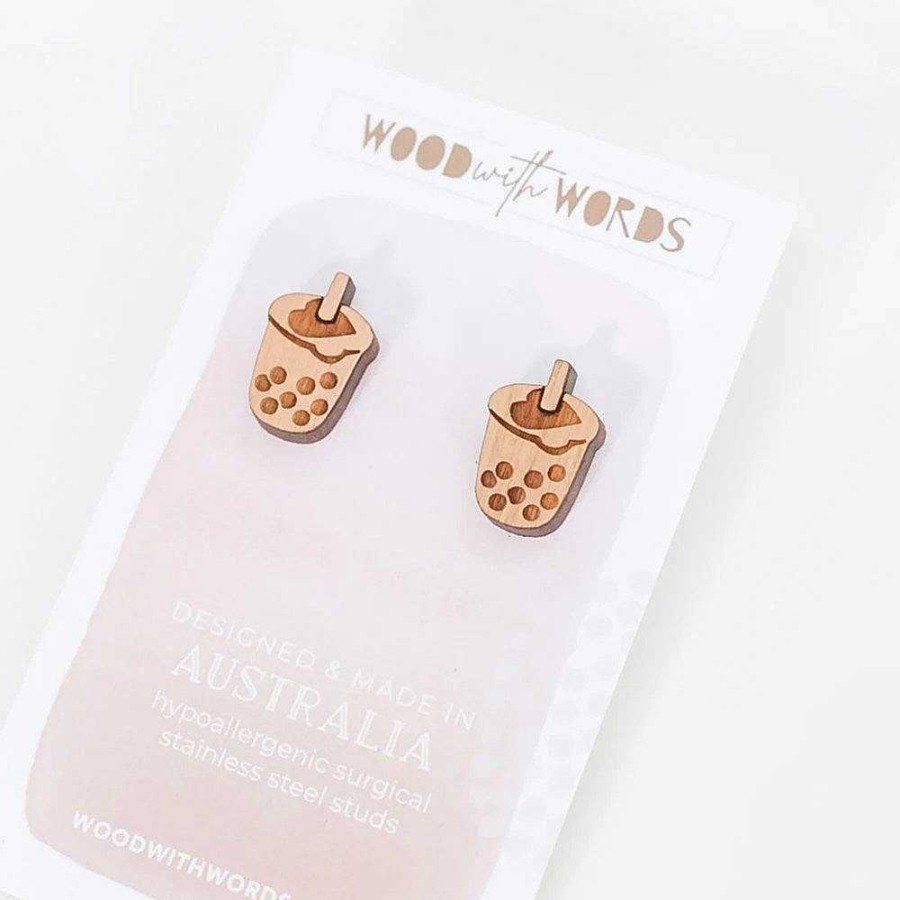 Jewellery Wood With Words | Wood With Words: Wooden Stud Earrings Bubble Tea