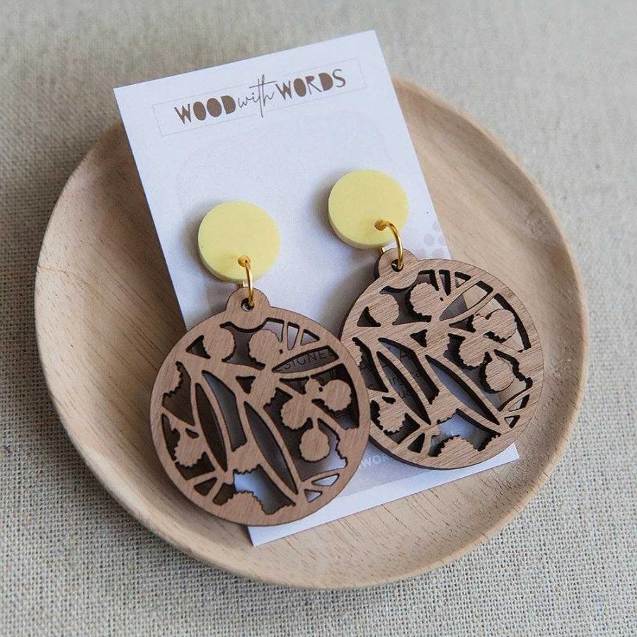 Jewellery Wood With Words | Wood With Words: Dangle Earrings Wattle Blossom