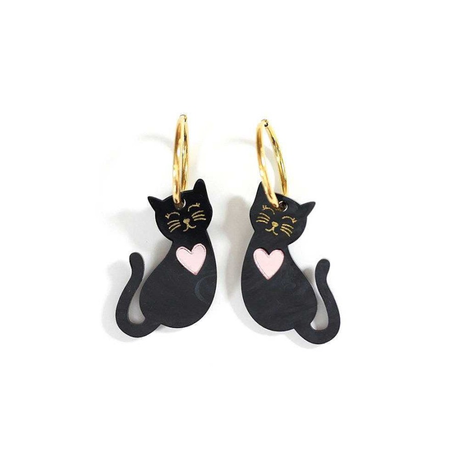 Jewellery HUNIY | Huniy: Earrings Heart Kitten Hoops Black Marble