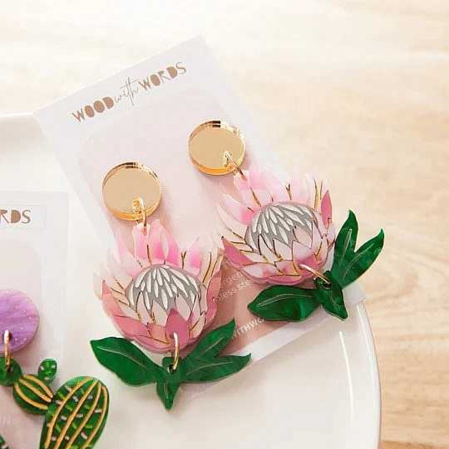 Jewellery Wood With Words | Wood With Words: Dangle Earrings King Protea