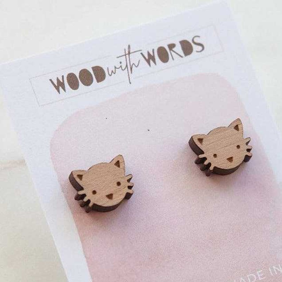 Jewellery Wood With Words | Wood With Words: Wooden Stud Earrings Cat Pet