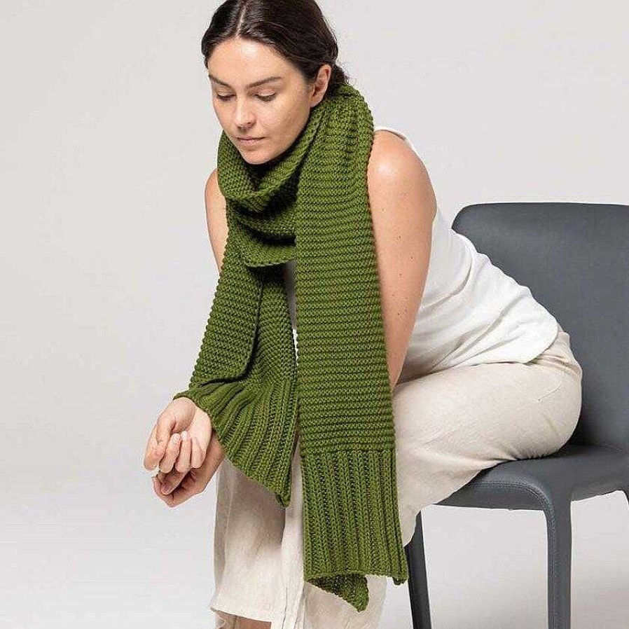 Fashion Indus Design Scarves | Indus Design: Scarf Ribbed Hem Knit Basil Green