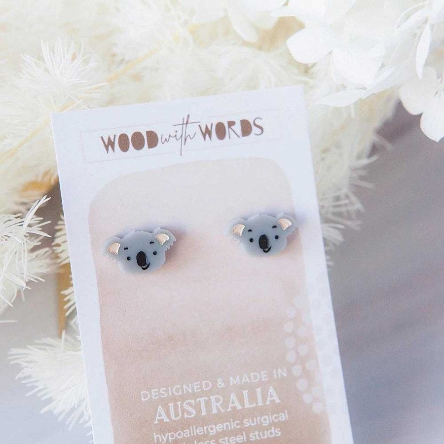 Jewellery Wood With Words | Wood With Words: Acrylic Stud Earrings Grey Koala