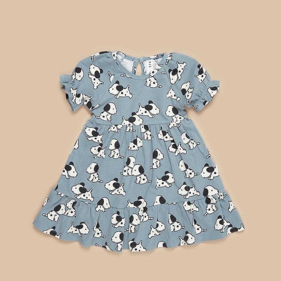 Fashion Huxbaby Kid'S Clothing - Other | Huxbaby: Tiered Puff Sleeve Dress Doggie Teal