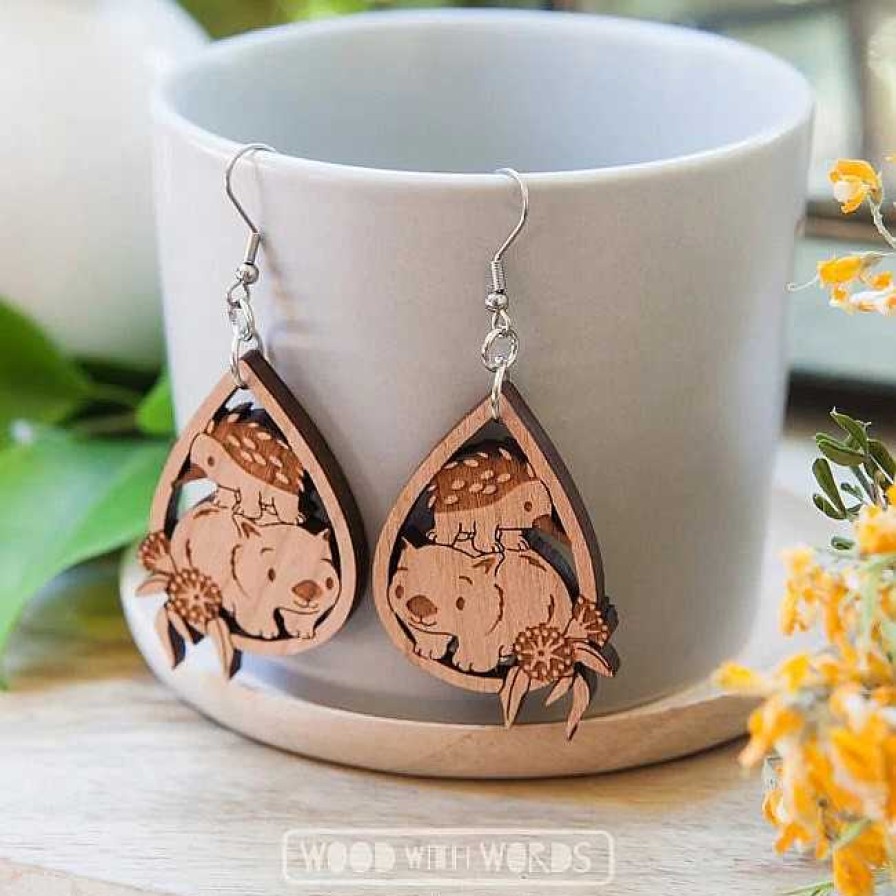 Jewellery Wood With Words | Wood With Words: Dangle Earrings Wombat Echidna