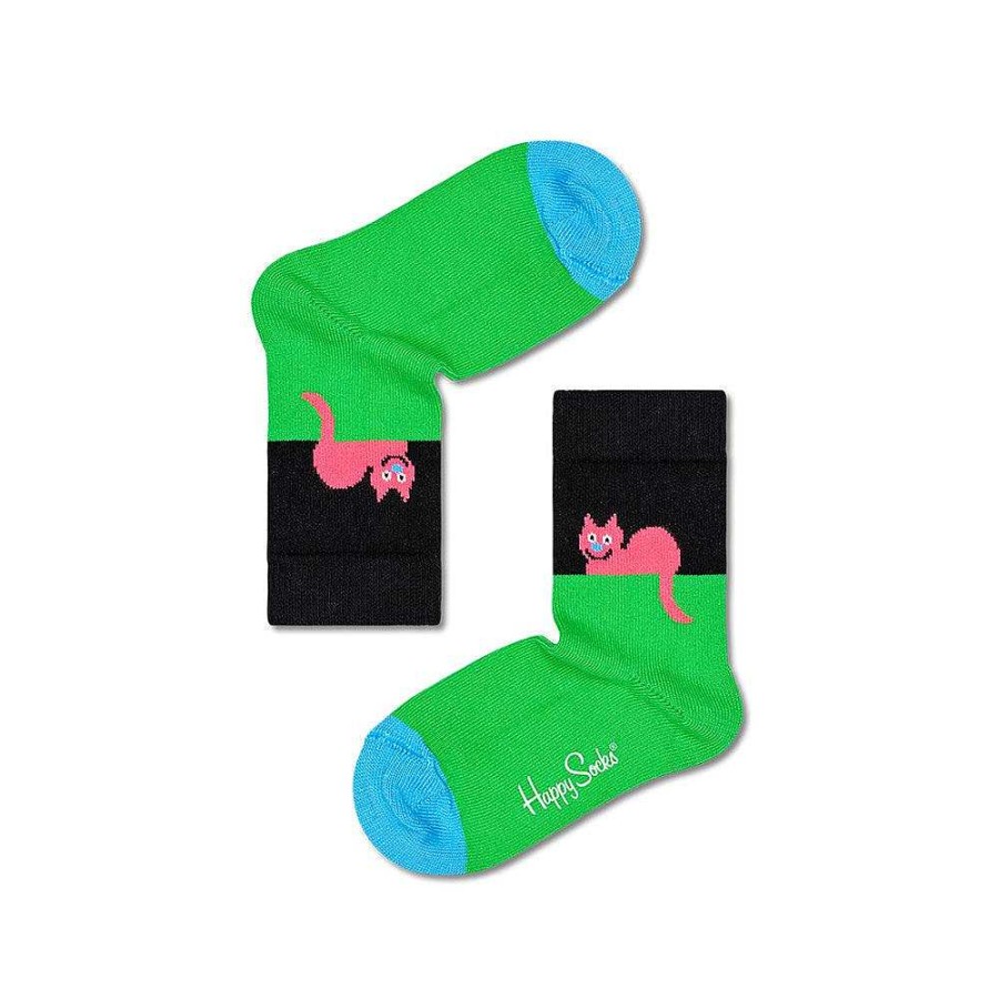 Fashion Happy Socks Socks | Happy Socks: Kids Cat Green Black