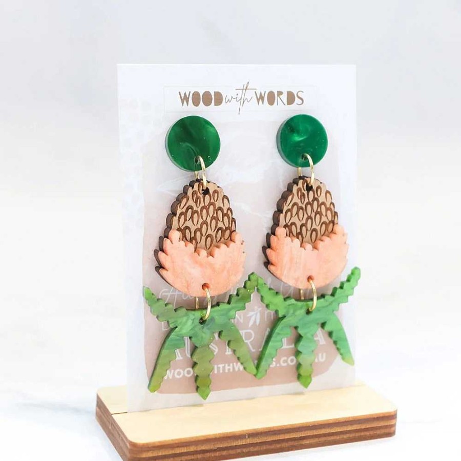 Jewellery Wood With Words | Wood With Words: Dangle Earrings Orange Banksia Green