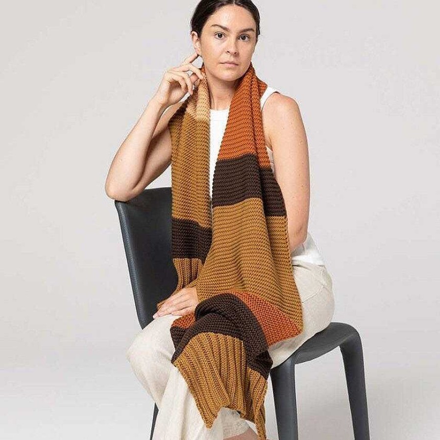 Fashion Indus Design Scarves | Indus Design: Scarf Bold Stripe Knit Bronze Choc Rust