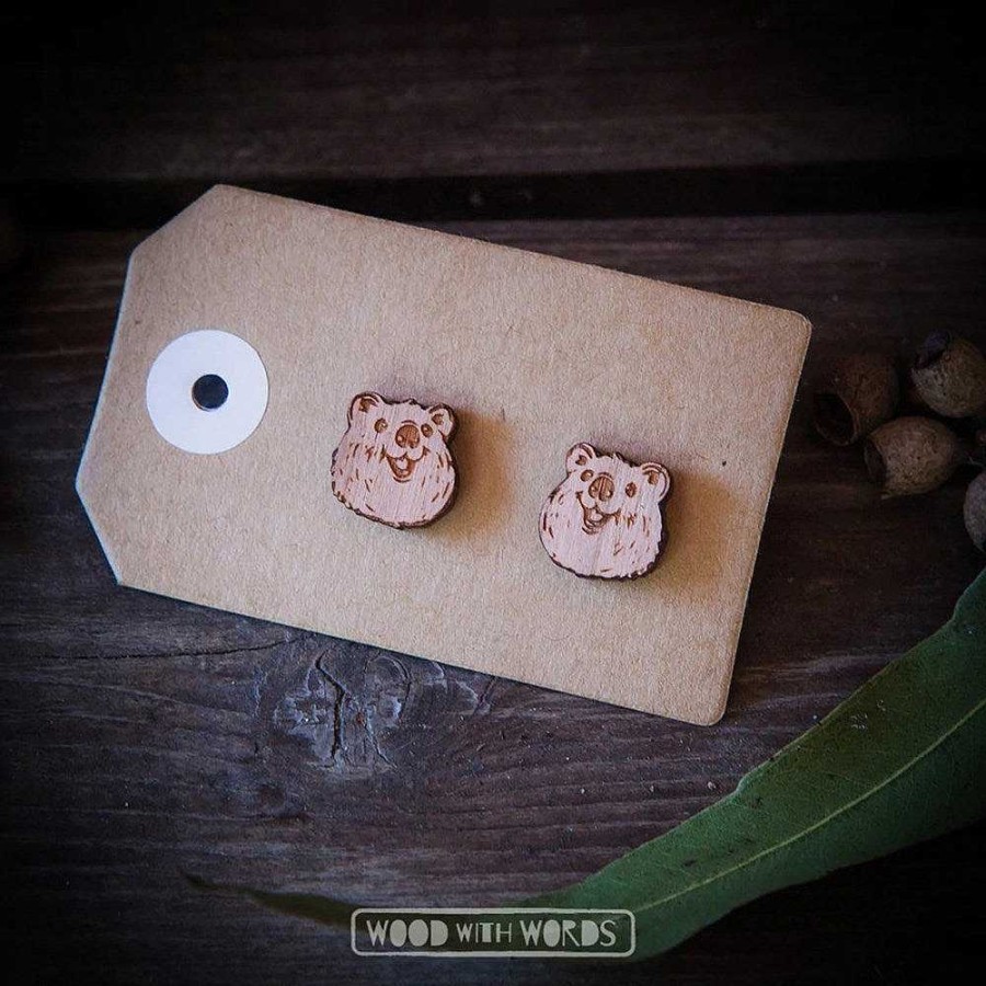 Jewellery Wood With Words | Wood With Words: Wooden Stud Earrings Quokka